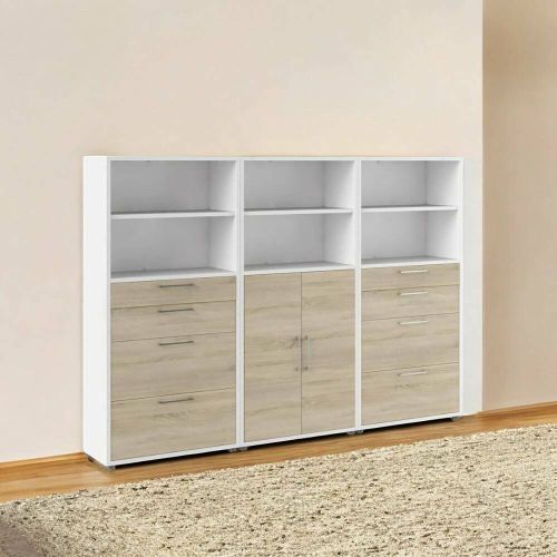 Credenza Lilas, Buffet da soggiorno, Madia da salotto, Dispensa da cucina, 267x40 h186 cm, Bianco e Quercia