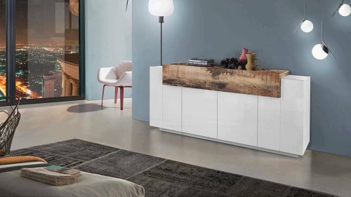Credenza Loris, Madia da cucina a 4 ante, Buffet da soggiorno, 100% Made in Italy, cm 200x45h86, Bianco lucido e Acero