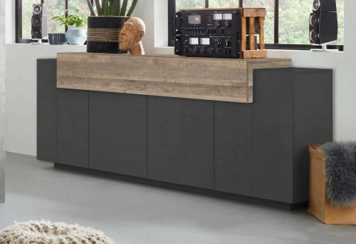Credenza Loris, Madia da cucina a 4 ante, Buffet da soggiorno, 100% Made in Italy, cm 220x45h86, Antracite e Acero