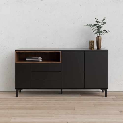 Credenza Madeleine, Buffet da soggiorno, Madia da salotto, Dispensa da cucina, 48x176 h90 cm, Nero e Noce