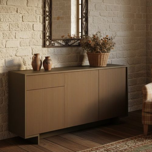 Credenza marrone e legno cannettato 170x42x78h cm 3 ante e 1 cassetto - Aronne