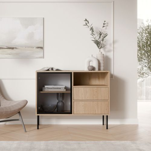 Credenza Marrone Nero 2 Cassetti 2 Ripiani 100x40x80h cm, Apertura Battente, Scorrevole - Caravino