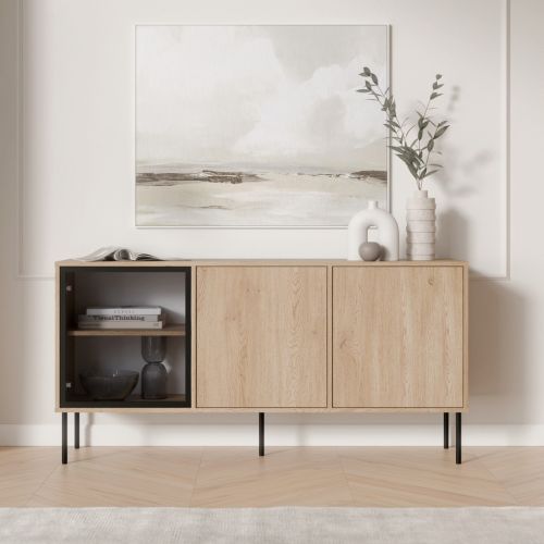 Credenza Marrone Nero 3 Ripiani Apertura Battente 150x40x75h cm, 3 Ante - Conzano