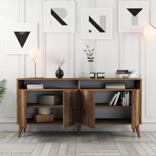 Credenza Marrone Noce 2 Ripiani 4 Ante 160x35x78h cm, 6 Vani - Thuile