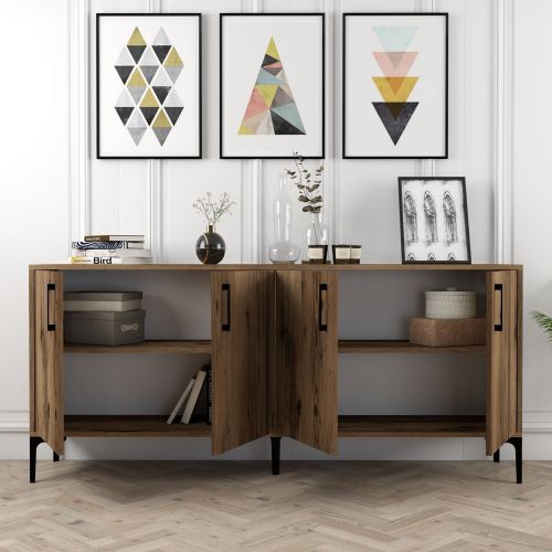 Credenza Marrone Noce 2 Ripiani 4 Ante 180x35x78h cm, 4 Vani - Pollein