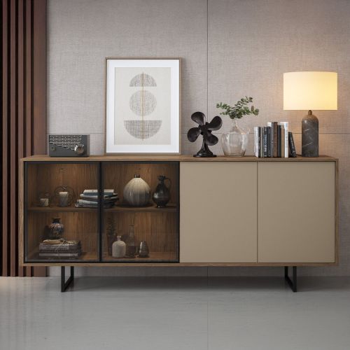 Credenza Marrone Noce Beige Cassetti 3 Ripiani 200x40x87h cm, Apertura Battente - Malnate
