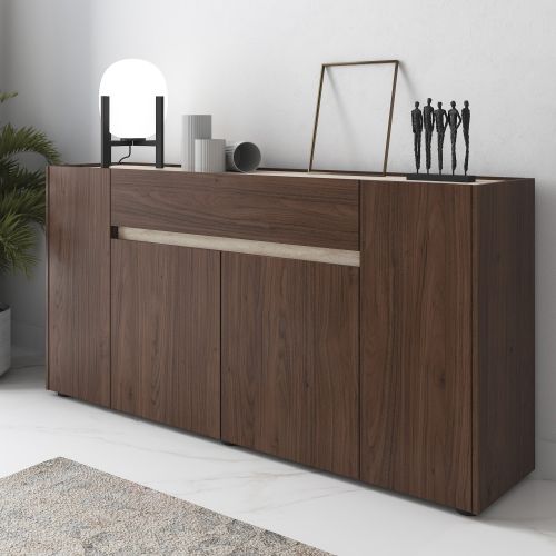 Credenza Marrone Noce Beige un Cassetto Apertura Battente, Scorrevole 170x40x85h cm, 4 Ante - Cirimido