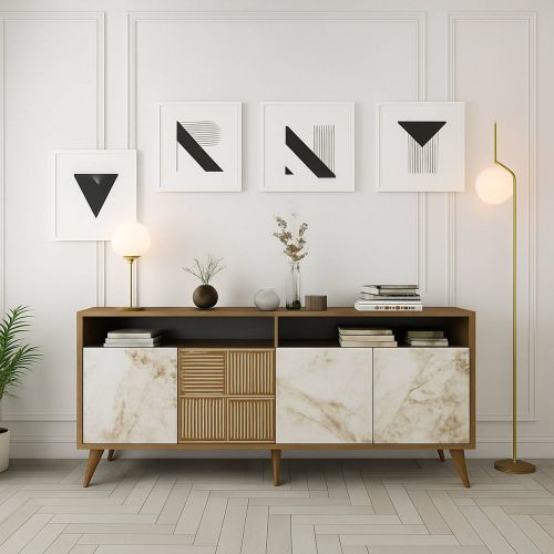 Credenza Marrone Noce Bianco Marmo Cassetti 2 Ripiani 160x35x78h cm, Apertura Battente - Benjamin