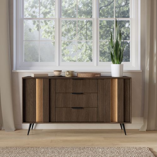 Credenza Marrone Noce Nero 3 Cassetti 2 Ripiani 154x40x87h cm, Apertura Battente, Scorrevole - Hahasasi