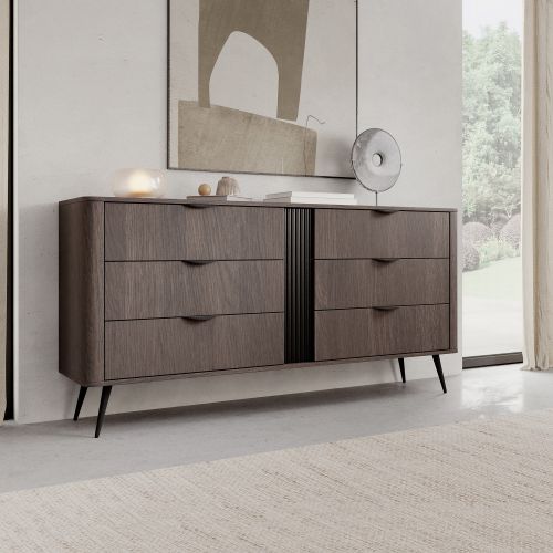Credenza Marrone Noce Nero 6 Cassetti un Ripiano 163x38x81h cm, Apertura Scorrevole - Kaba