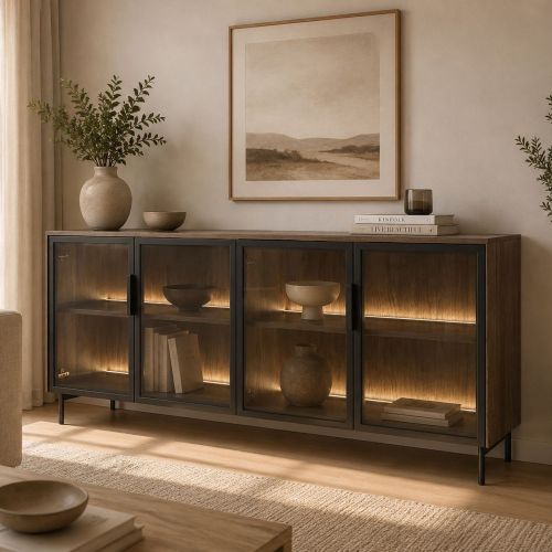 Credenza Marrone Noce Nero Antracite 2 Ripiani Apertura Battente 181x39x83h cm, 4 Ante - Hapa