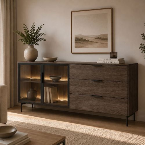 Credenza Marrone Noce Trasparente 3 Cassetti un Ripiano 181x39x83h cm, Apertura Battente, Scorrevole - Hara