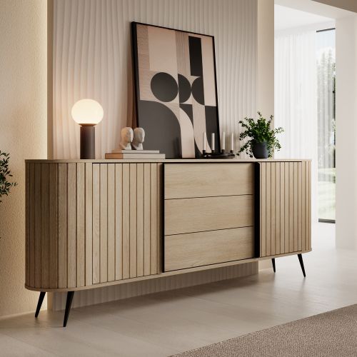 Credenza Marrone Rovere 3 Cassetti 2 Ripiani 196x40x82h cm, Apertura Scorrevole - Hanira