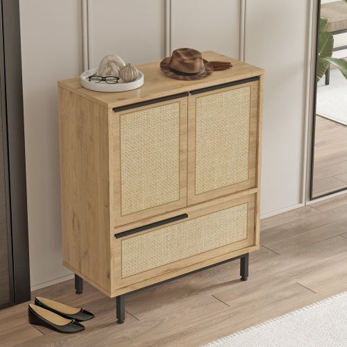 Credenza Marrone Rovere 3 Ripiani 3 Ante 75x36x90h cm, Effetto Paglia di Vienna - Faiano