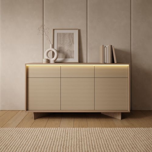 Credenza Marrone Rovere Beige 3 Cassetti 3 Ripiani 154x40x84h cm, Apertura Battente, Scorrevole - Hatareta