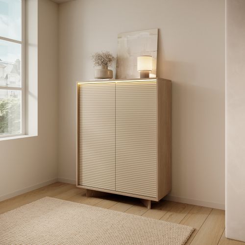 Credenza Marrone Rovere Beige 4 Ripiani Apertura Battente 104x40x138h cm, 2 Ante - Hasota