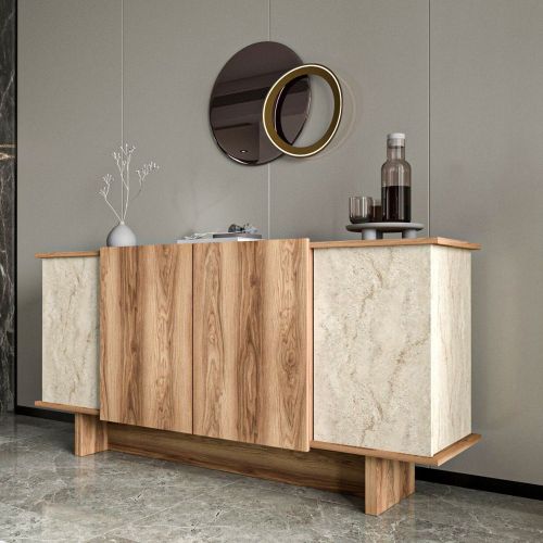 Credenza Marrone Rovere Beige Marmo 3 Ripiani 4 Ante 180x40x81h cm, 6 Vani - Coste