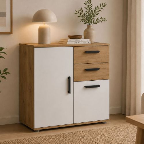 Credenza Marrone Rovere Bianco 2 Cassetti un Ripiano 71x33x75h cm, Apertura Battente, Scorrevole - Leretifa
