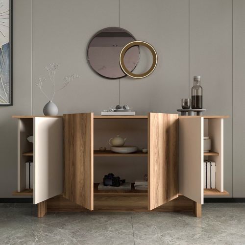 Credenza Marrone Rovere Bianco 3 Ripiani 6 Vani 180x40x81h cm, 4 Ante - Coste