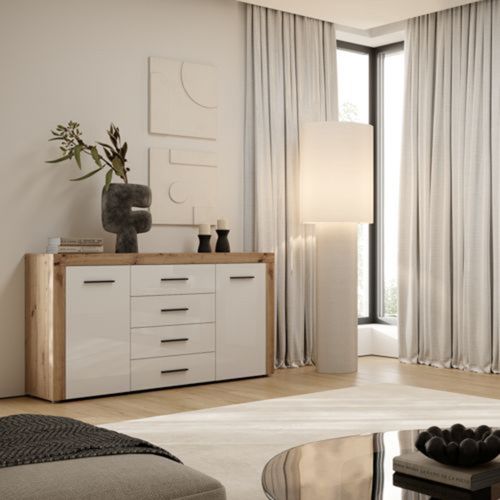 Credenza Marrone Rovere Bianco 4 Cassetti 4 Ripiani 155x42x88h cm, Apertura Battente, Scorrevole - Lemaseti