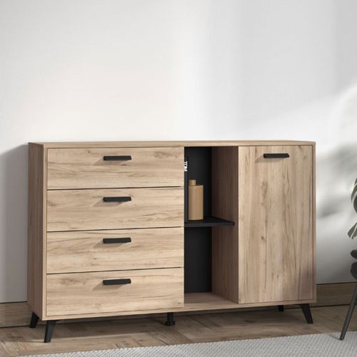 Credenza Marrone Rovere Grigio Nero 4 Cassetti 2 Ripiani 137.5x40x90.5h cm, Apertura Battente e Scorrevole - Issogne