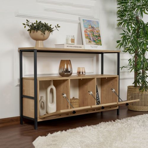 Credenza Marrone Rovere Nero 2 Ripiani 3 Vani 120x30x77h cm, 3 Ante - Noda