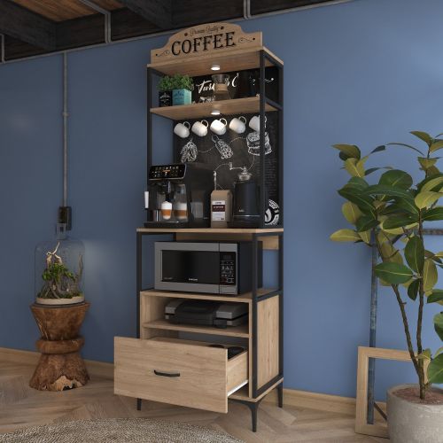 Credenza Marrone Rovere Nero 2 Ripiani un Cassetto 70x40x207h cm, Apertura Scorrevole - Nemol