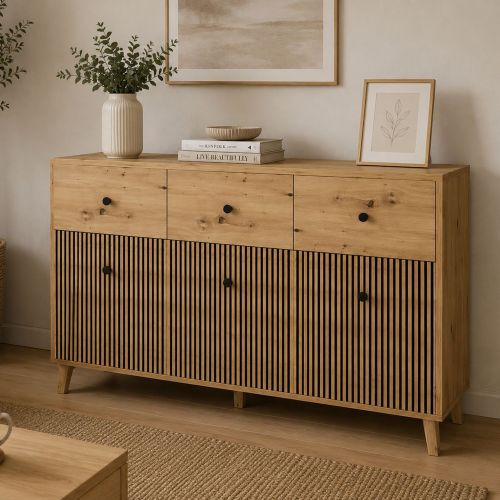 Credenza Marrone Rovere Nero 3 Ripiani 3 Cassetti 135x42x95h cm, 6 Vani - Lepa