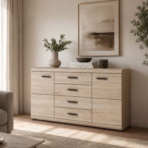 Credenza Marrone Rovere Nero 4 Cassetti 2 Ripiani 140x42x87h cm, Apertura Battente, Scorrevole - Hamireso