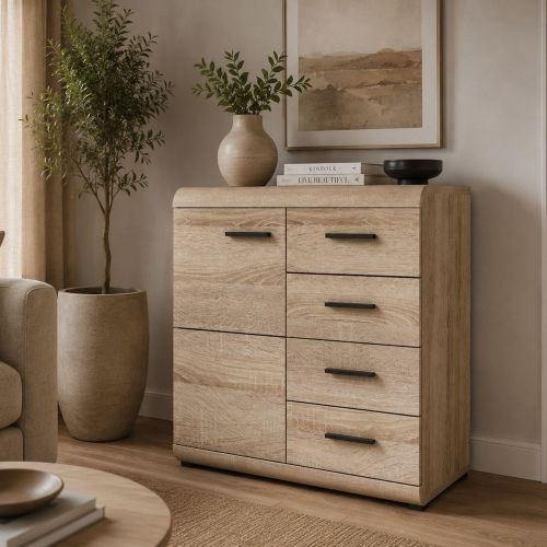 Credenza Marrone Rovere Nero 4 Cassetti 2 Ripiani 80x42x87h cm, Apertura Battente, Scorrevole - Hamo