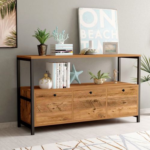 Credenza Marrone Rovere Nero 4 Vani 3 Ante 120x30x75h cm, Apertura a Ribalta - Amiterno