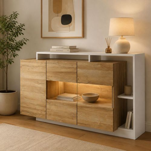 Credenza Marrone Rovere Nero 8 Ripiani Apertura Battente 155x44x94h cm, 3 Ante - Hafa