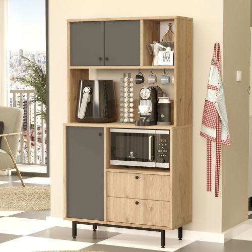Credenza Marrone Rovere Nero Antracite 5 Ripiani 2 Cassetti 88x36x161h cm, 3 Ante - Paratico