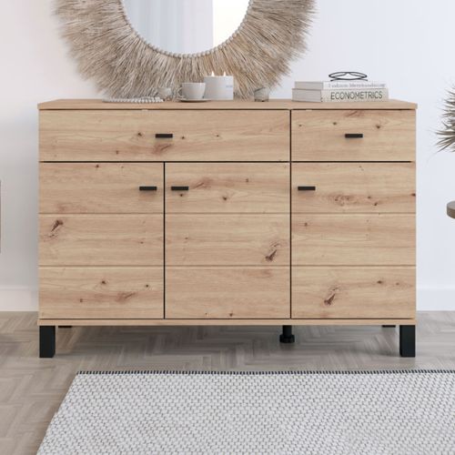 Credenza Marrone Rovere Nodi 3 Ripiani 2 Cassetti 116x35x78h cm, 4 Vani - Jerico