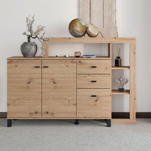 Credenza Marrone Rovere Nodi 4 Ripiani 3 Cassetti 145x35x101h cm, 6 Vani - Valiza