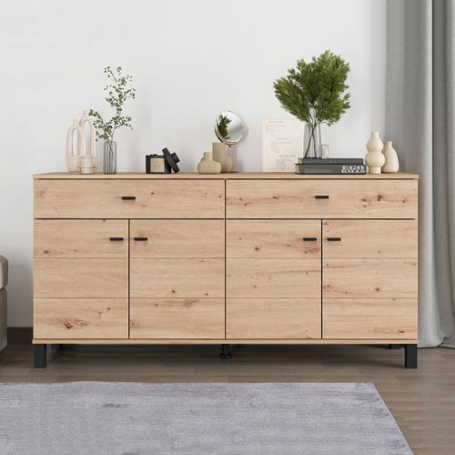 Credenza Marrone Rovere Nodi Nero 2 Cassetti 3 Ripiani 154x35x78h cm, Apertura Battente, Scorrevole - Barich