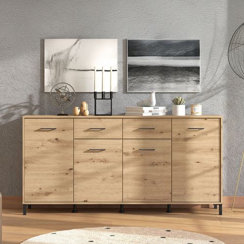 Credenza Marrone Rovere Nodi Nero 2 Cassetti 4 Ripiani 183x40x90h cm, Apertura Battente, Scorrevole - Grondona