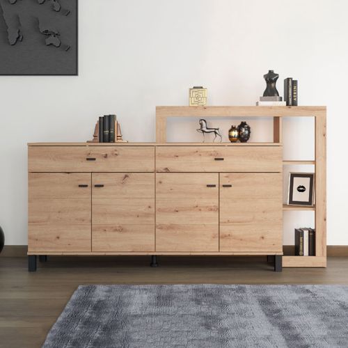 Credenza Marrone Rovere Nodi Nero 2 Cassetti 5 Ripiani 183x35x101h cm, Apertura Battente, Scorrevole - Chefch