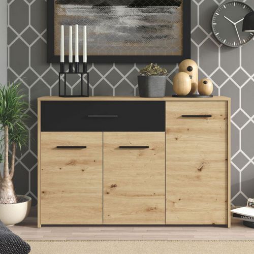 Credenza Marrone Rovere Nodi Nero 2 Ripiani un Cassetto 119x33x80.5h cm, 3 Ante - Sanza