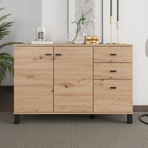 Credenza Marrone Rovere Nodi Nero 3 Cassetti 2 Ripiani 116x35x78h cm, Apertura Battente, Scorrevole - Guatav