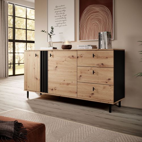 Credenza Marrone Rovere Nodi Nero 3 Cassetti 2 Ripiani 165x40x82h cm, Apertura Battente, Scorrevole - Haradali