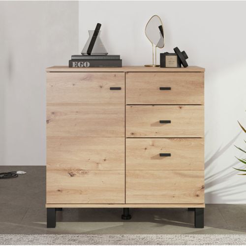 Credenza Marrone Rovere Nodi Nero 3 Cassetti 2 Ripiani 77x35x78h cm, Apertura Battente, Scorrevole - Ollant