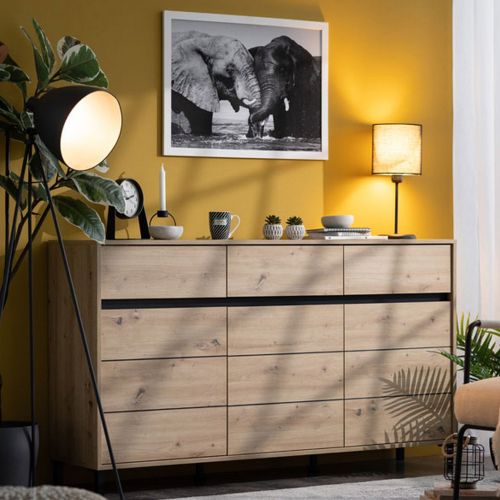 Credenza Marrone Rovere Nodi Nero 3 Cassetti 3 Ripiani 157x40x90h cm, Apertura Battente e Scorrevole - Giarre