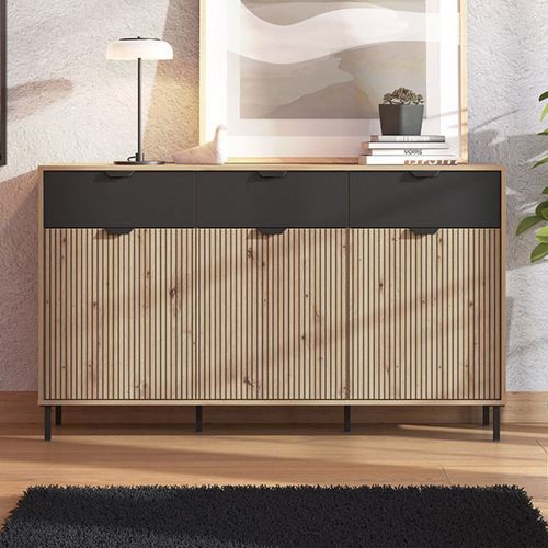 Credenza Marrone Rovere Nodi Nero 3 Cassetti 3 Ripiani 157x40x92.5h cm, Apertura Battente e Scorrevole - Robbio