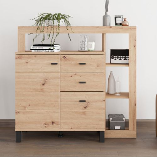 Credenza Marrone Rovere Nodi Nero 3 Cassetti 4 Ripiani 106x35x101h cm, Apertura Battente, Scorrevole - Coloni