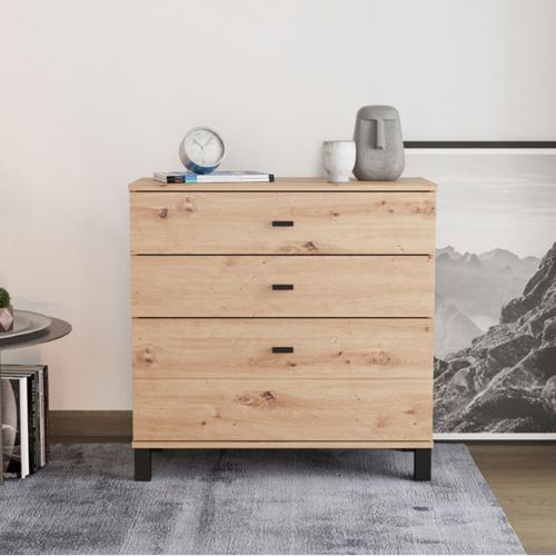 Credenza Marrone Rovere Nodi Nero 3 Cassetti un Ripiano 77x35x78h cm, con Piedini - Mindo