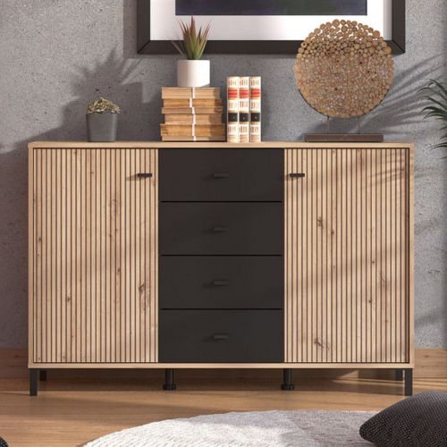 Credenza Marrone Rovere Nodi Nero 4 Cassetti 2 Ripiani 138x40x90h cm, Apertura Battente e Scorrevole - Settime
