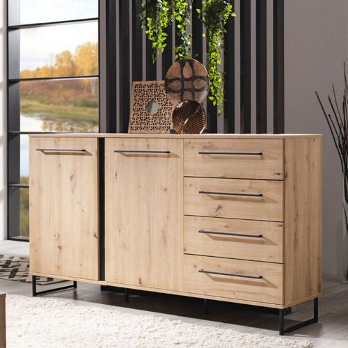 Credenza Marrone Rovere Nodi Nero 4 Cassetti 2 Ripiani 159x42x95h cm, Apertura Battente e Scorrevole - Ceredano
