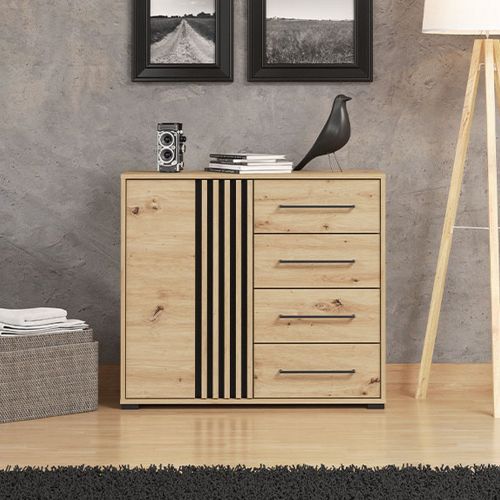 Credenza Marrone Rovere Nodi Nero 4 Cassetti un Ripiano 93x40x82h cm, Apertura Battente e Scorrevole - Boscone