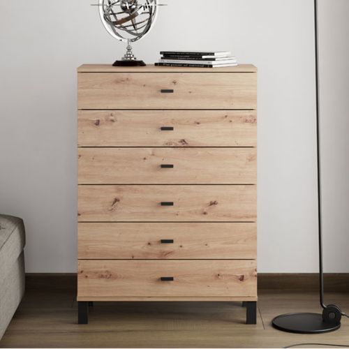 Credenza Marrone Rovere Nodi Nero 6 Cassetti un Ripiano 77x35x110h cm, 6 Vani - Otaval